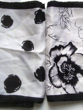 2 Vintage Silk Scarf Black Off-White Floral Graphic Bold Dot